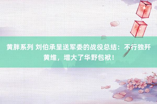 黄胖系列 刘伯承呈送军委的战役总结：不行独歼黄维，增大了华野包袱！